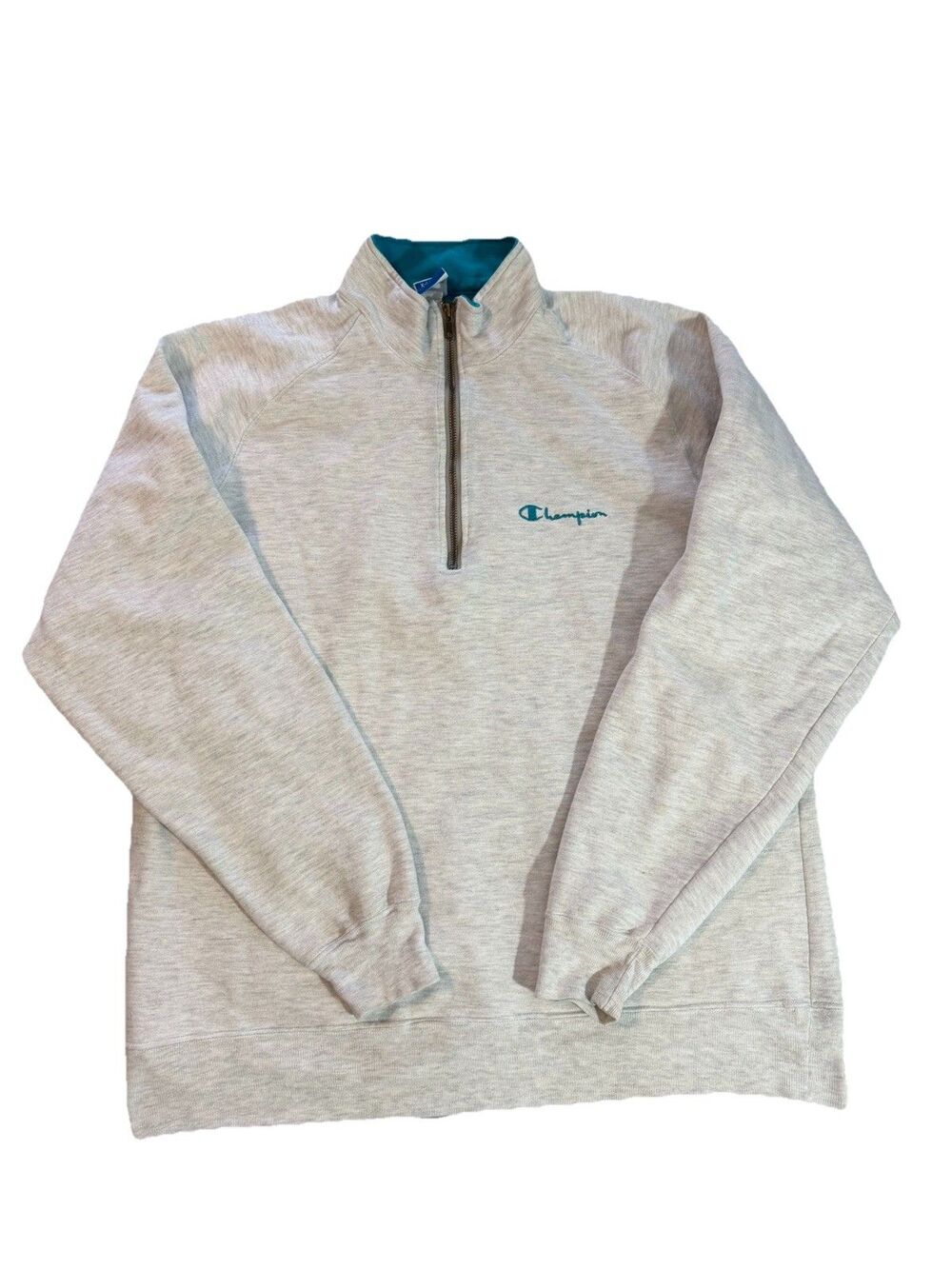 Vintage 90s Champion 1/4 Zip Sweatshirt Mens XL Gray Made in USA Teal Spellout